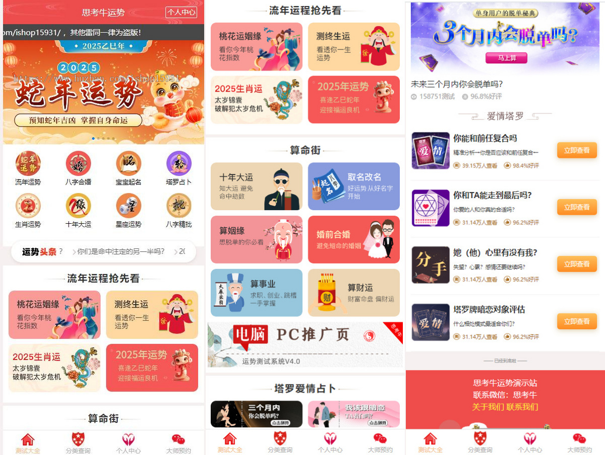 【YSV3】2025蛇年运势测试风水起名源码/八字算命/财运姻缘/周易/运势测算/姻缘/塔罗牌