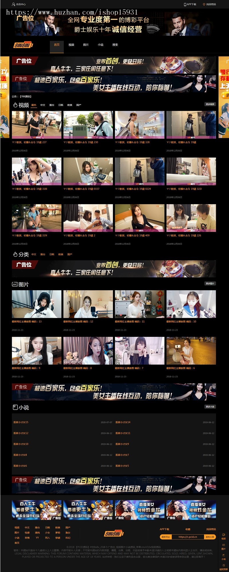 苹果cmsV10自适应20个广告位视频图片小说源码