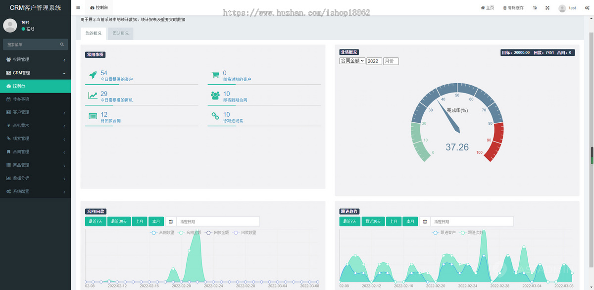 CRM客户关系管理系统客户跟进商机需求合同回款审批商品管理业绩考核小程序H5