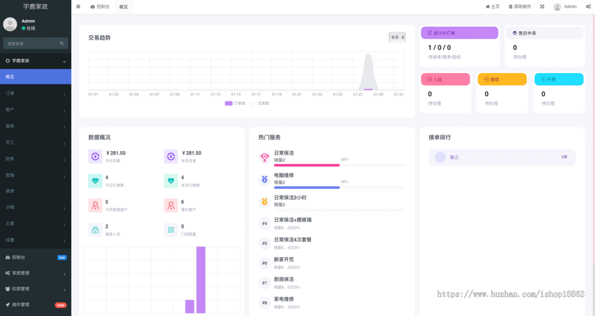 多城市多门店家政师傅上门服务套餐次卡预约派单家政分销小程序会员储值积分